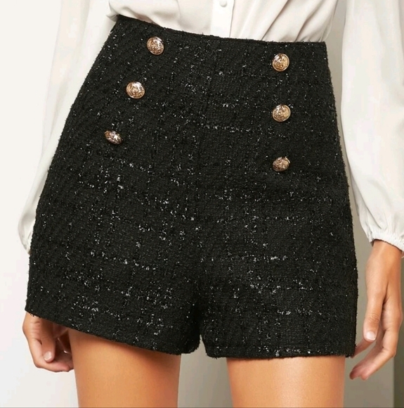 Pants - Women High Waist Metal Button Double-Breasted Tweed Shorts, Casual Winter Shorts